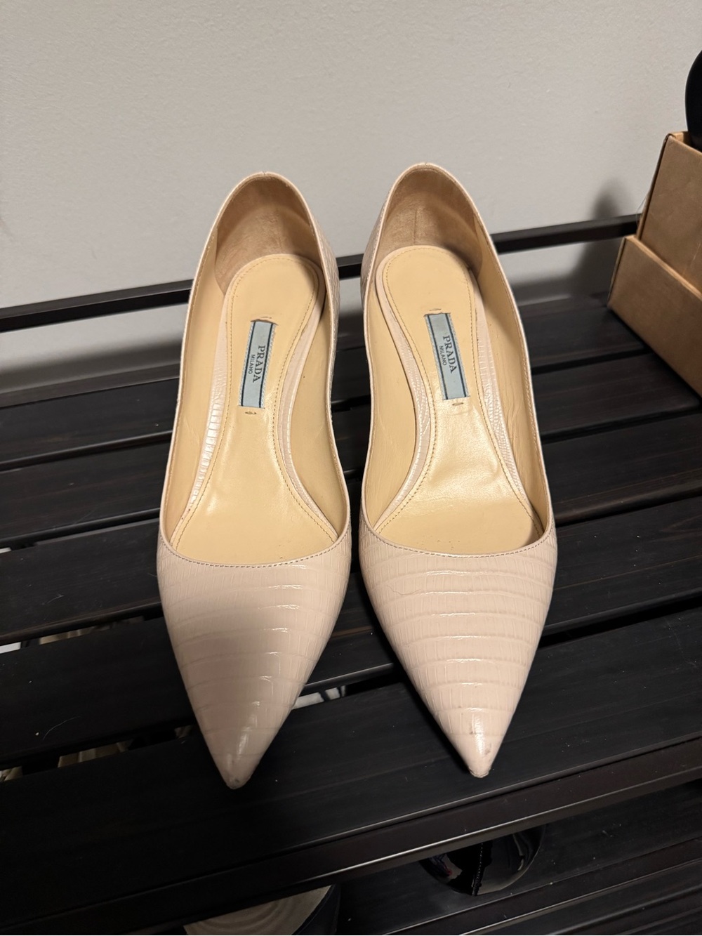 Prada Women's Pointed Toe Pump in Light Beige/pink size 37.